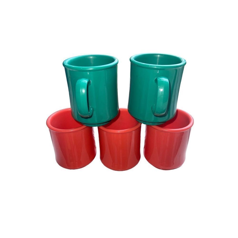 G.E.T Set of 5 Vintage Plastic Coffee Mugs in Coral & Green